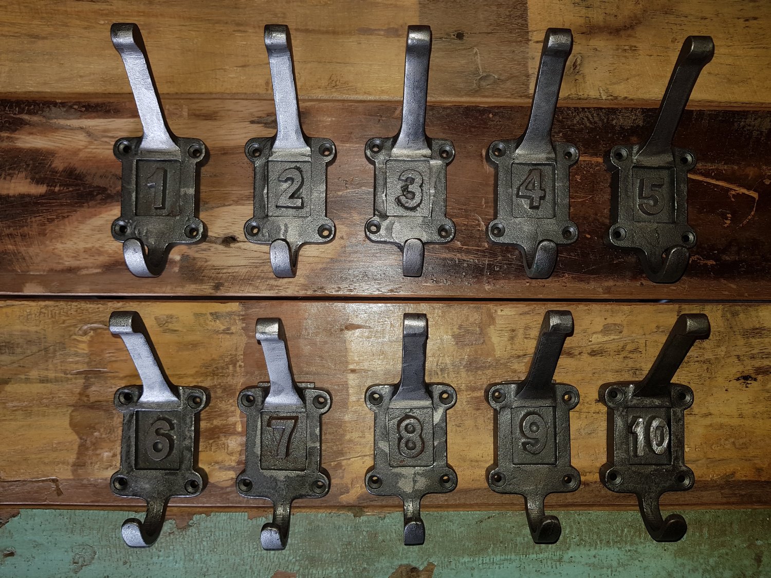 10 Old School Type Cast Iron Hooks with Cast Iron Numbered Inserts