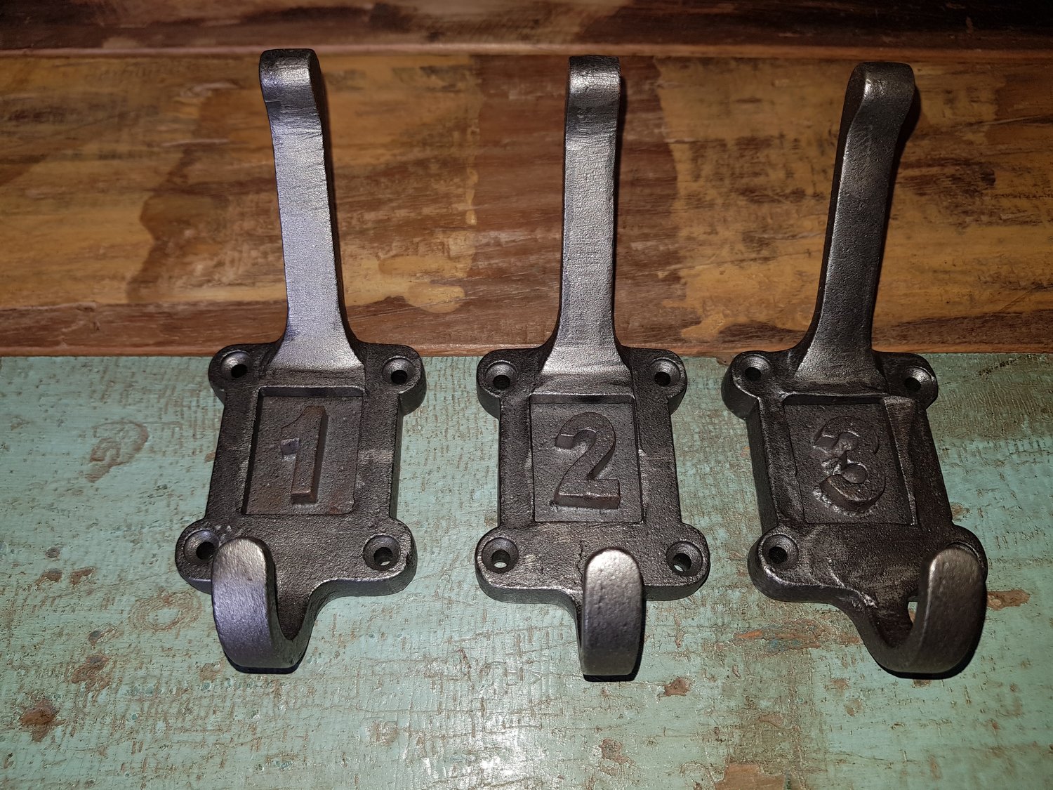3 Old School Type Cast Iron Hooks with Cast Iron Numbered Inserts
